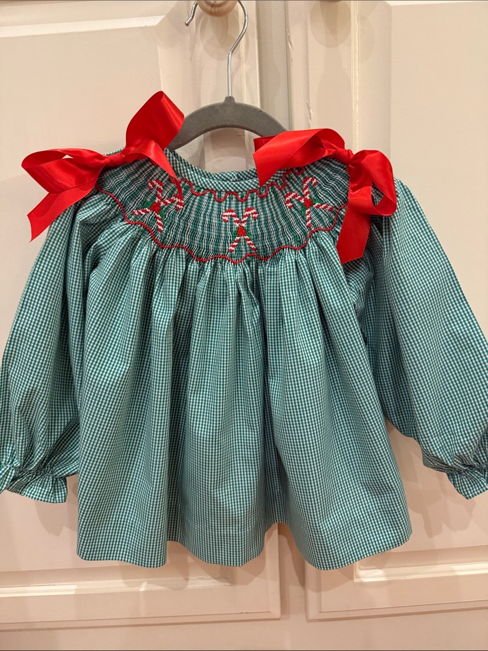 Girls' Green Gingham Smocked Candy Cane Blouse with Red Ribbon Bows